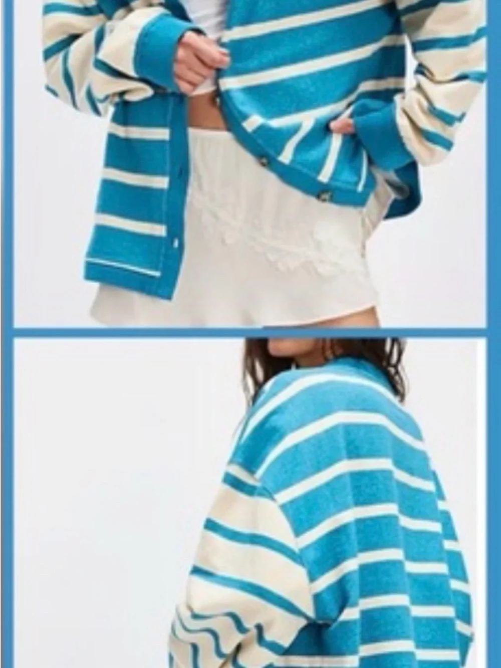Free People Turquoise & Cream Striped Button Cardigan